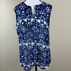 George Top Blouse Blue White Geometric Sleeveless Notch Neck Women's Sz M